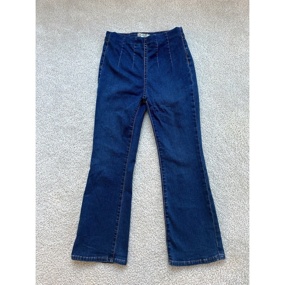 Free People Women's High Waisted Flared Jeans Size 25 Cropped Pleated Waist Blue